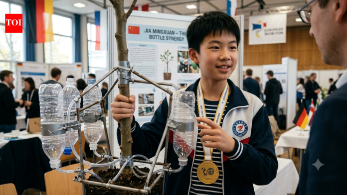 14-year-old Jia Mingxuan used plastic bottles and steel tubes to build a device for young trees; it won gold at a German invention exhibition
