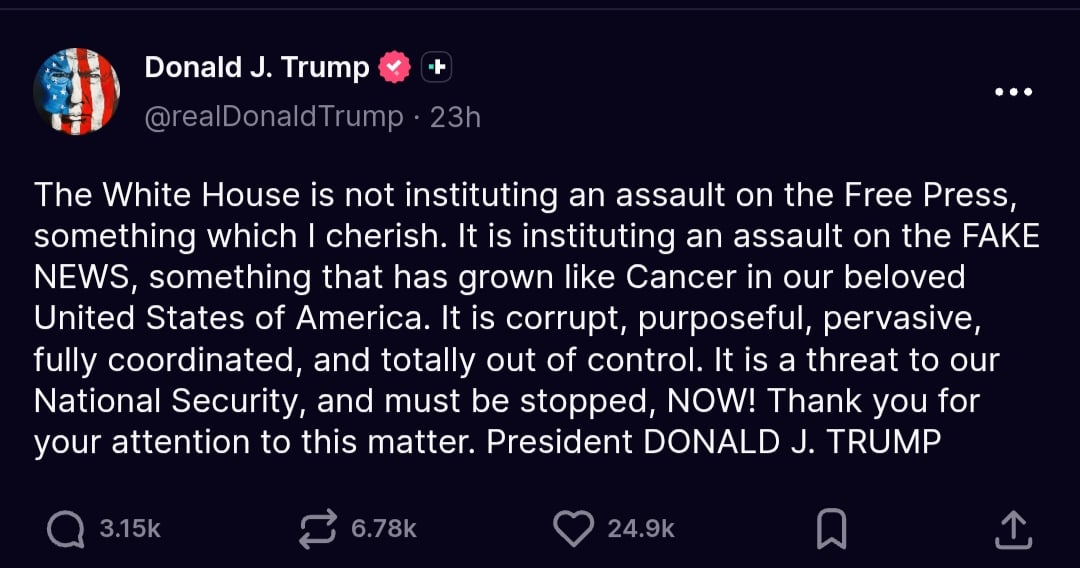A screen grab of President Donald Trumps post on Truth Social.