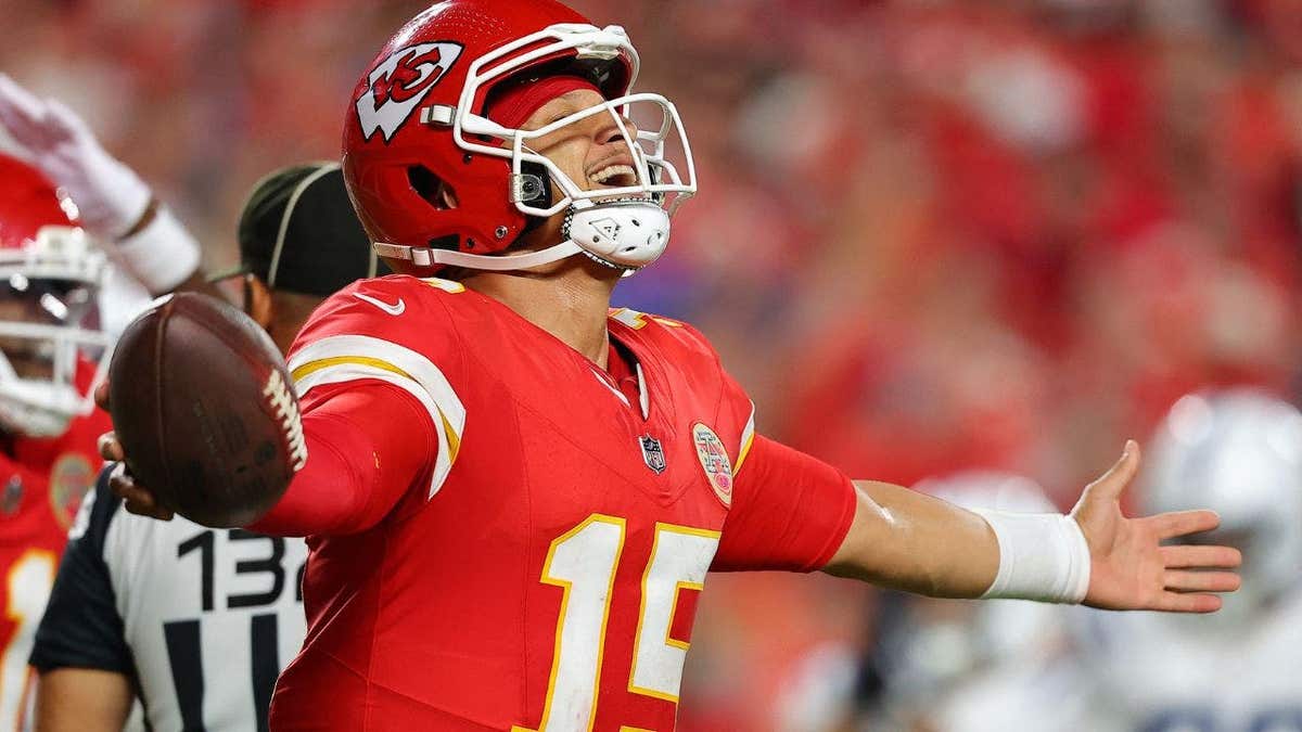 Patrick Mahomes reacts during a game at Arrowhead Stadium.