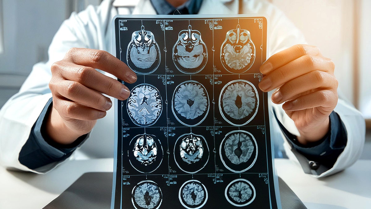 Close-up showing doctor holding MRI brain scan of head and skull.