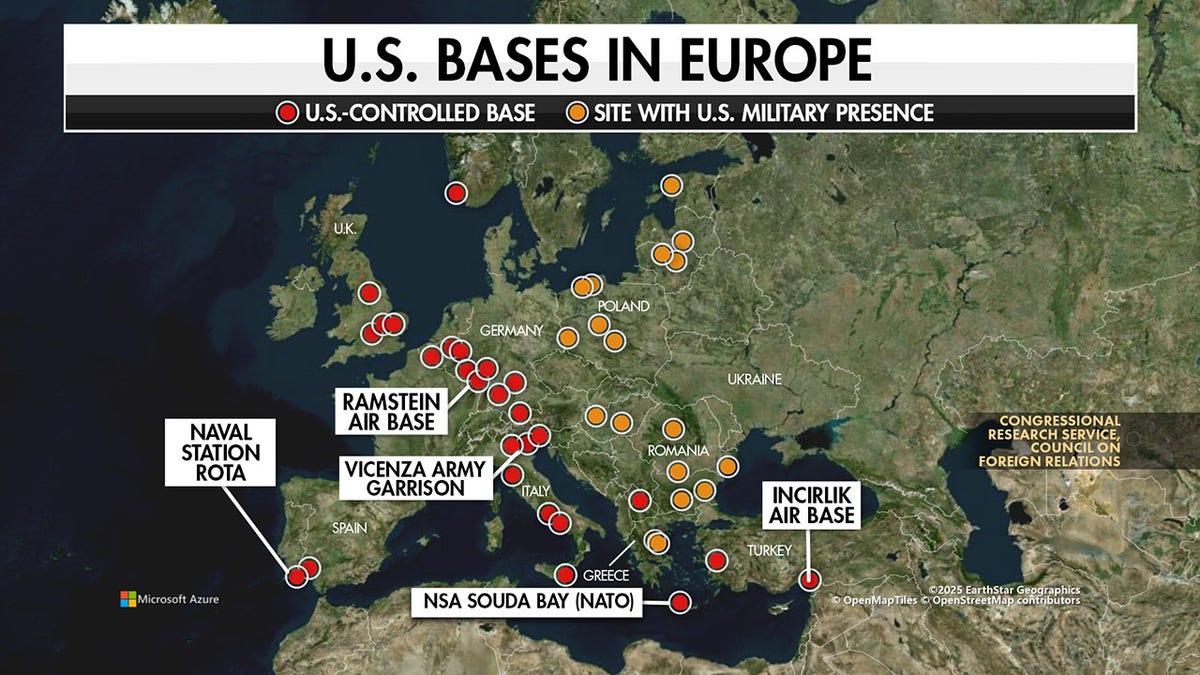 A map shows the locations of military bases controlled by the United States and bases where the U.S. military has a presence across Europe.