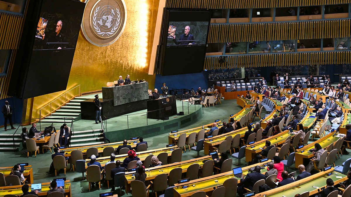 Masoud Pezeshkian stands in front of the United Nations General Assembly.