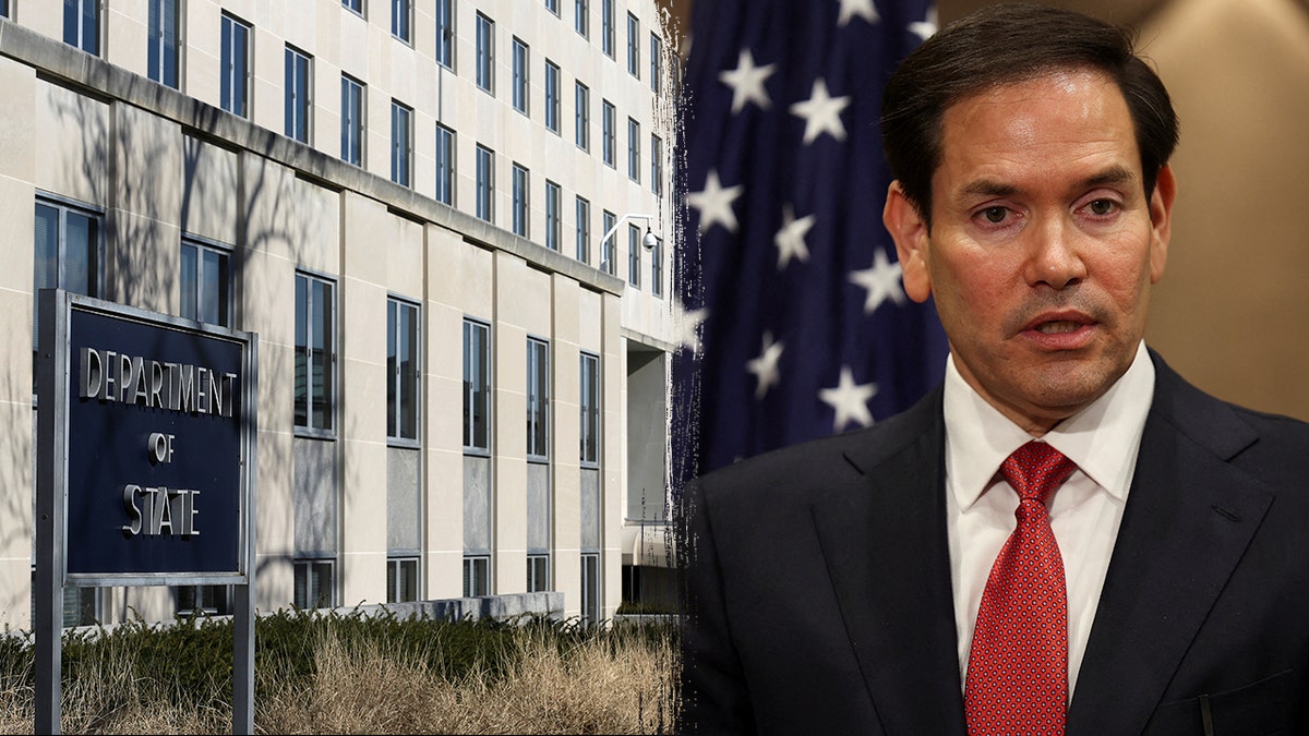 Side by side photo of the Department of State headquarters and Secretary of State Marco Rubio.