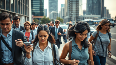 I capture a diverse group of commuters walking briskly on a city sidewalk during the morning commute, with a blurred cityscape in the background. Indian workers spend Rs 785 monthly on commute; urban travel cost to office 70% higher: Govt survey