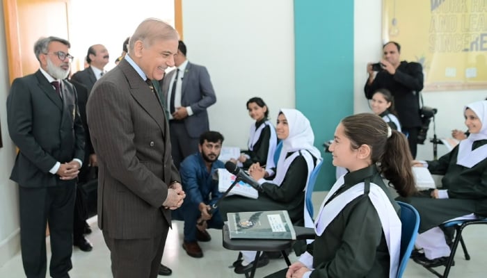 Prime Minister Muhammad Shehbaz Sharif interacts with students at Daanish School in Islamabad on 18 October 2026. — APP