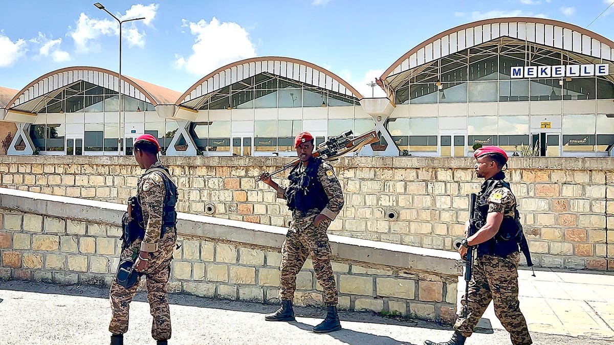 Ethiopian troops patrol by airport