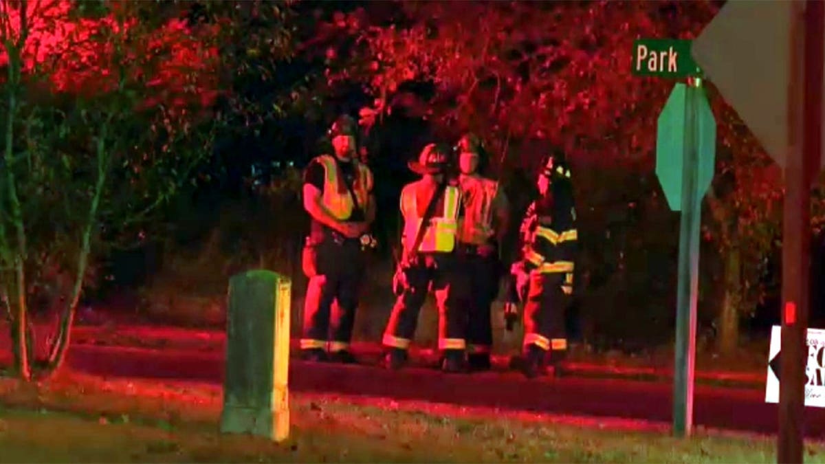 First responders stand at a small plane crash scene in Dellona, Wisconsin.