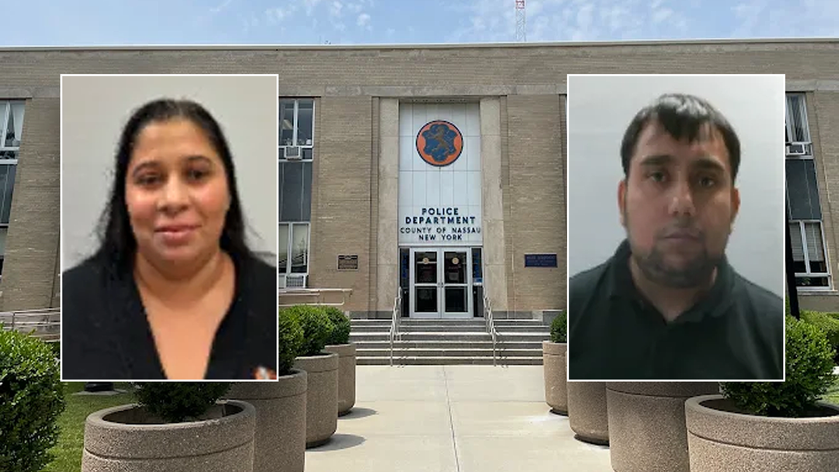 Composite image of Mirabela Lacatusu, left, and Rudi Lacatusu over a Nassau County Police Department building