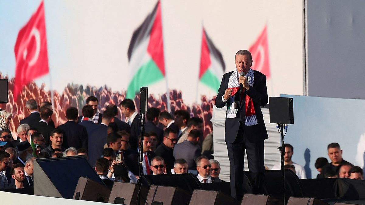 Turkish President Tayyip Erdogan speaks during a rally in solidarity with Palestinians in Gaza, amid the ongoing conflict between Israel and the Palestinian Islamist group Hamas, in Istanbul, Turkey October 28, 2023.
