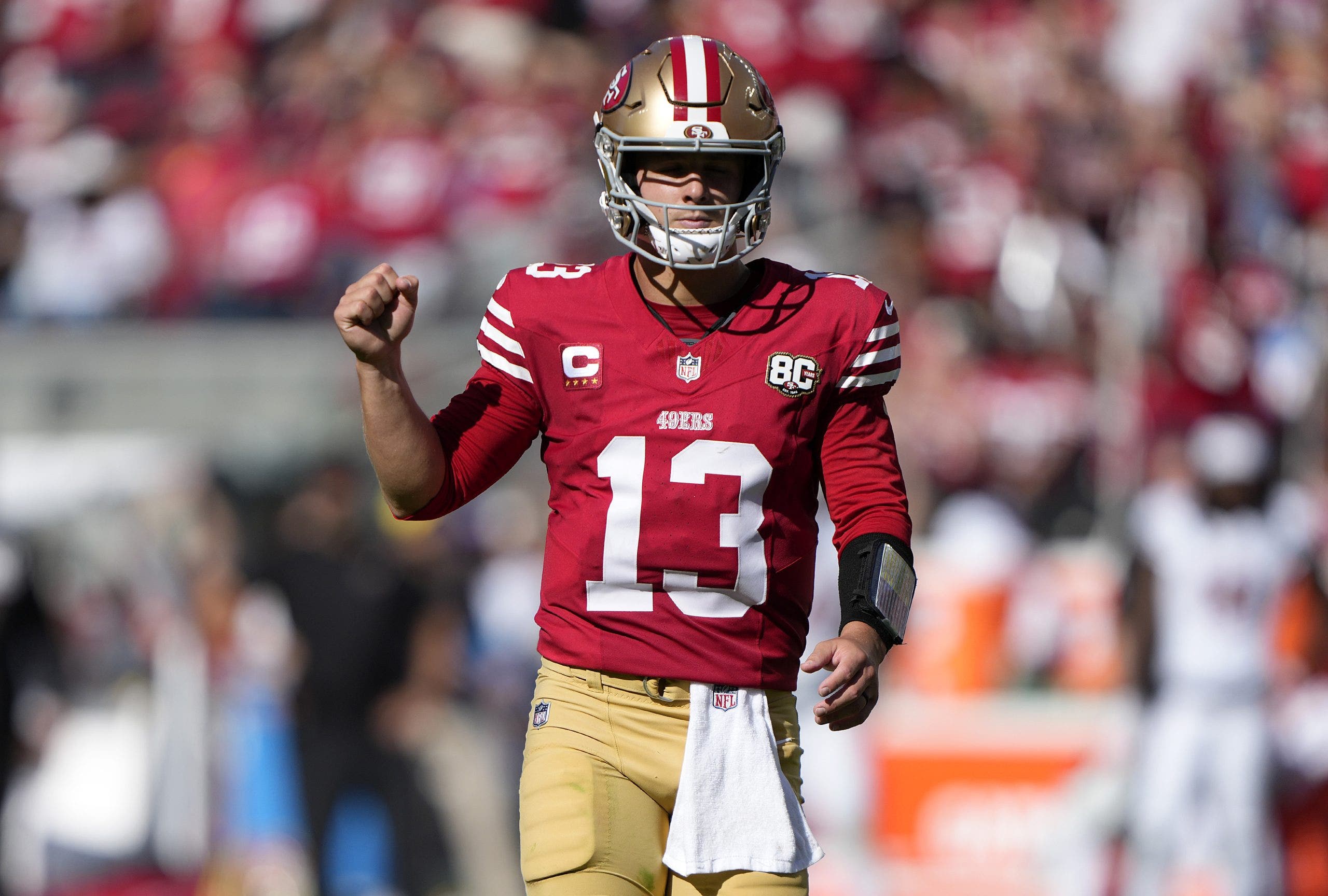 Brock Purdy leads the league in passer rating as he's become a frontrunner for MVP. (Photo by Thearon W. Henderson/Getty Images)