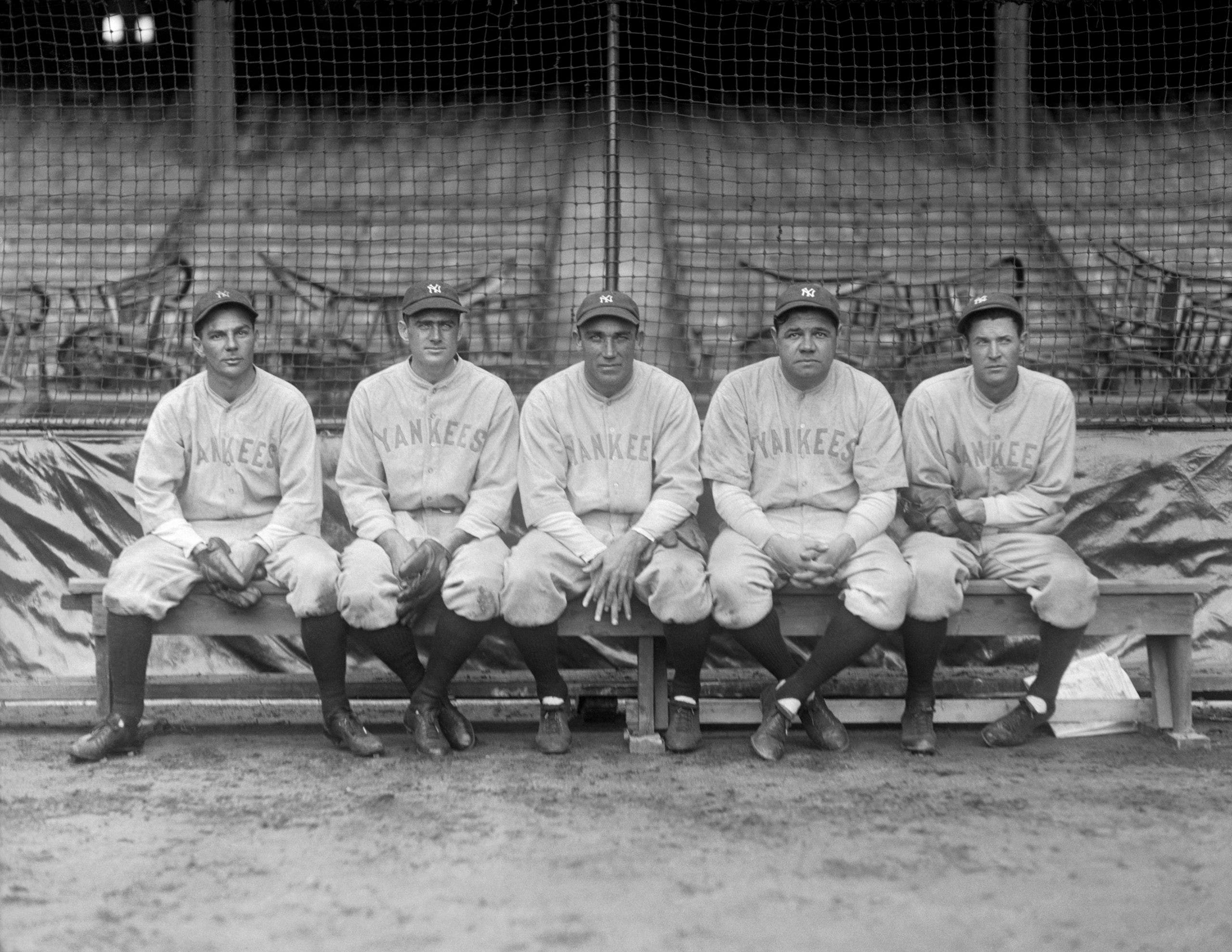 (Original Caption) Yankee Outfielders Who Will be Seen in the World Series. Bronx, New York: Left to right are Durst, Combs, Paschal, Ruth, and Meusel, the Yankee outfielders who are expected to appear in the World Series with the St. Louis Cardinals.