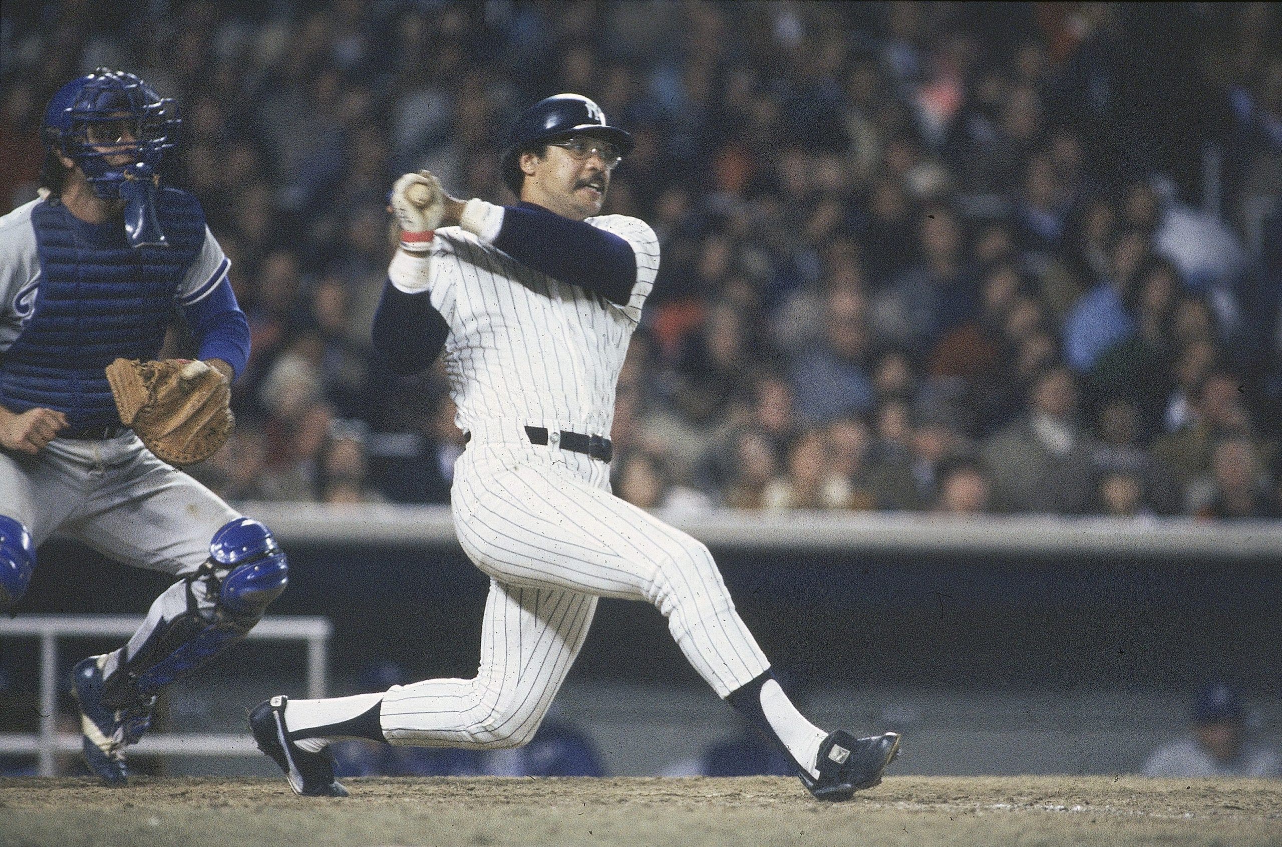 From 1977-78, Reggie Jackson hit nine home runs across 21 postseason games with the Yankees. (Photo by Walter Iooss Jr./Sports Illustrated via Getty Images)  (SetNumber: X21831 TK4 R7)