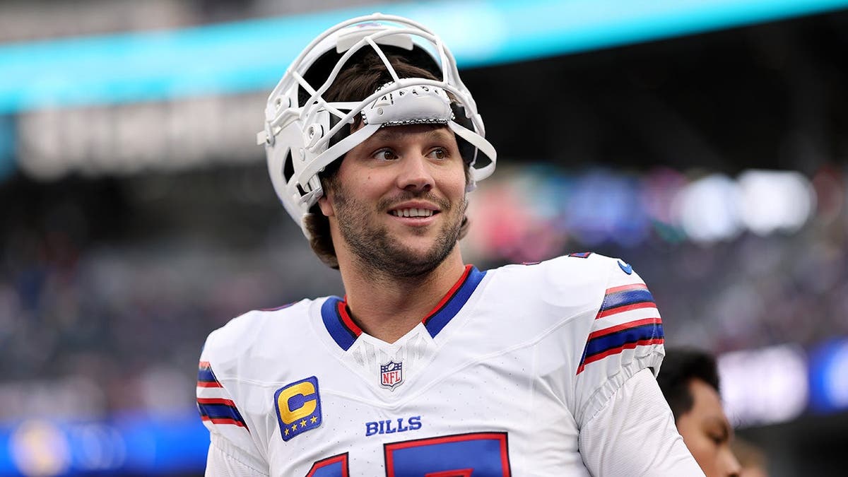 Josh Allen smiles before the Buffalo Bills game at SoFi Stadium.