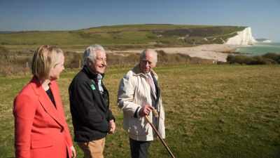 Secretary of State, Emma Reynolds, Tony Juniper and His Majesty, King Charles III at the Seven Sisters National Nature Reserve. Image Credit: Nature England King Charles opened a 1,500-hectare nature reserve protecting a rare seahorse; it also safeguards one of England's key groundwater systems