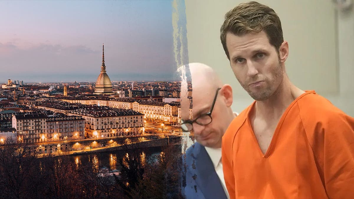 image shows split of Turin, Italy and photo of defendant in court