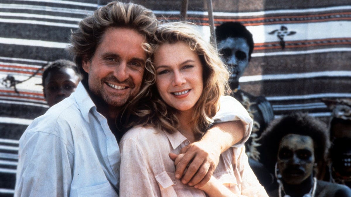 Michael Douglas and Kathleen Turner on set of the film 'The Jewel Of The Nile'