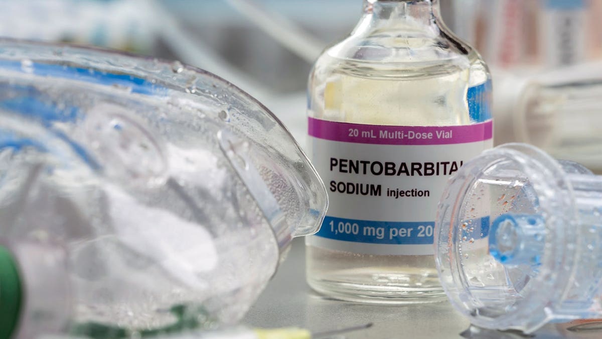 Vial of sodium pentobarbital next to an oxygen mask.